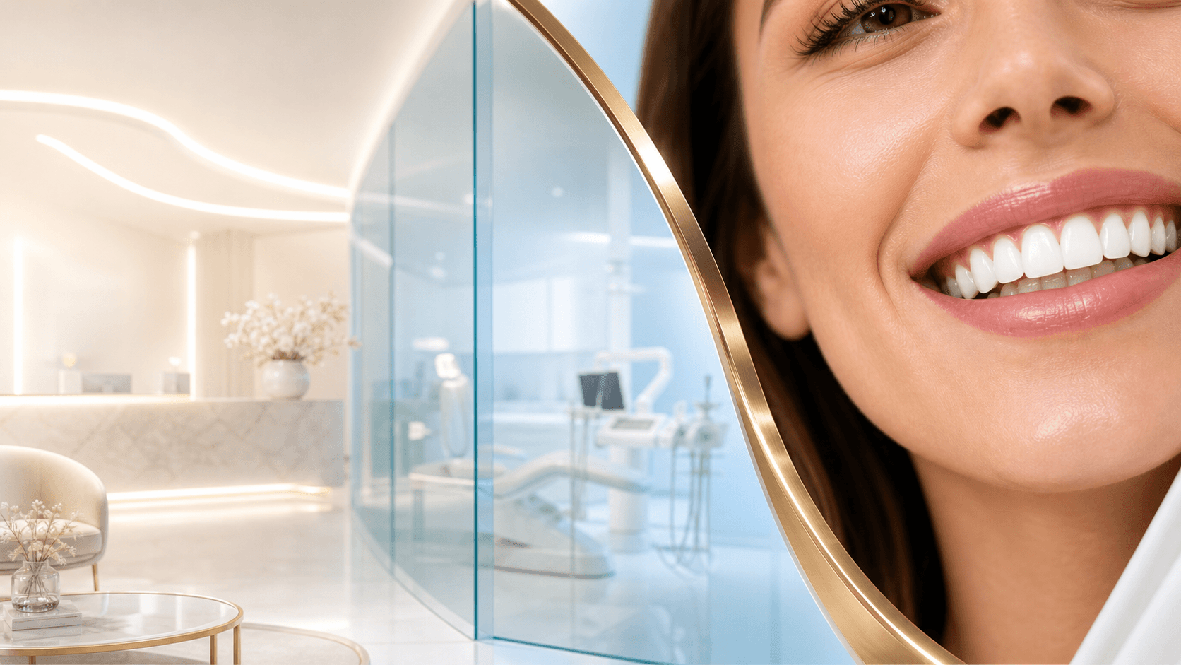 Consultorio odontológico contemporáneo y una sonrisa reflejada en un espejo clínico